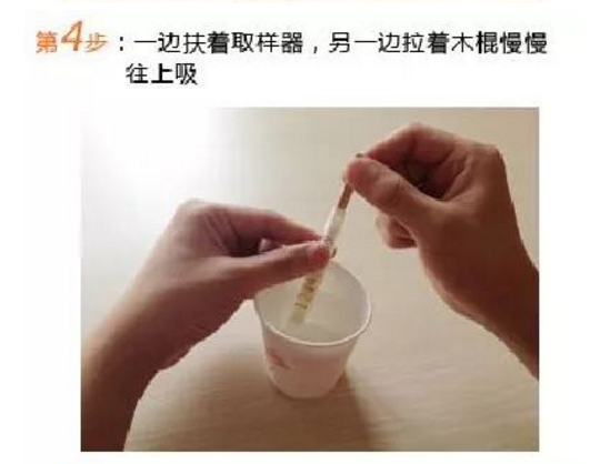 第4步：一边扶着取样器，另一边拉着木棍慢慢往上吸