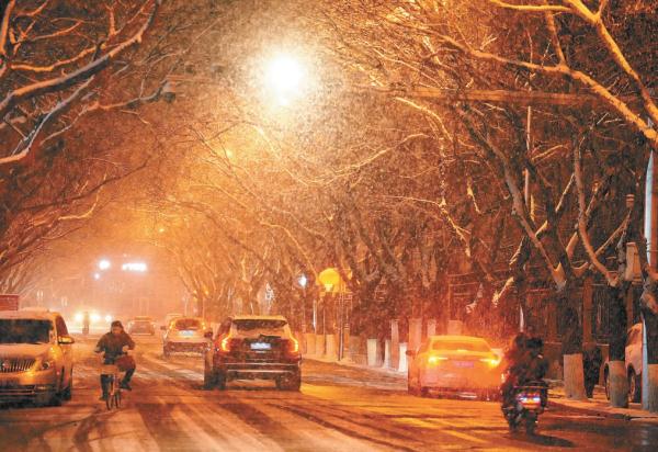 2月20日傍晚，北京城区开始出现降雪，一片片雪花给城市披上了银装。